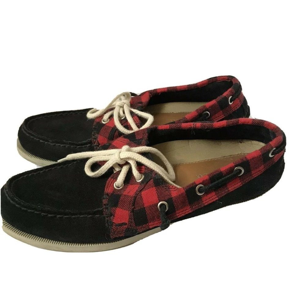 GH Bass Montauk‎ Mens 7.5 M Black Suede Red Buffalo Plaid Boat Shoes 2304-618
